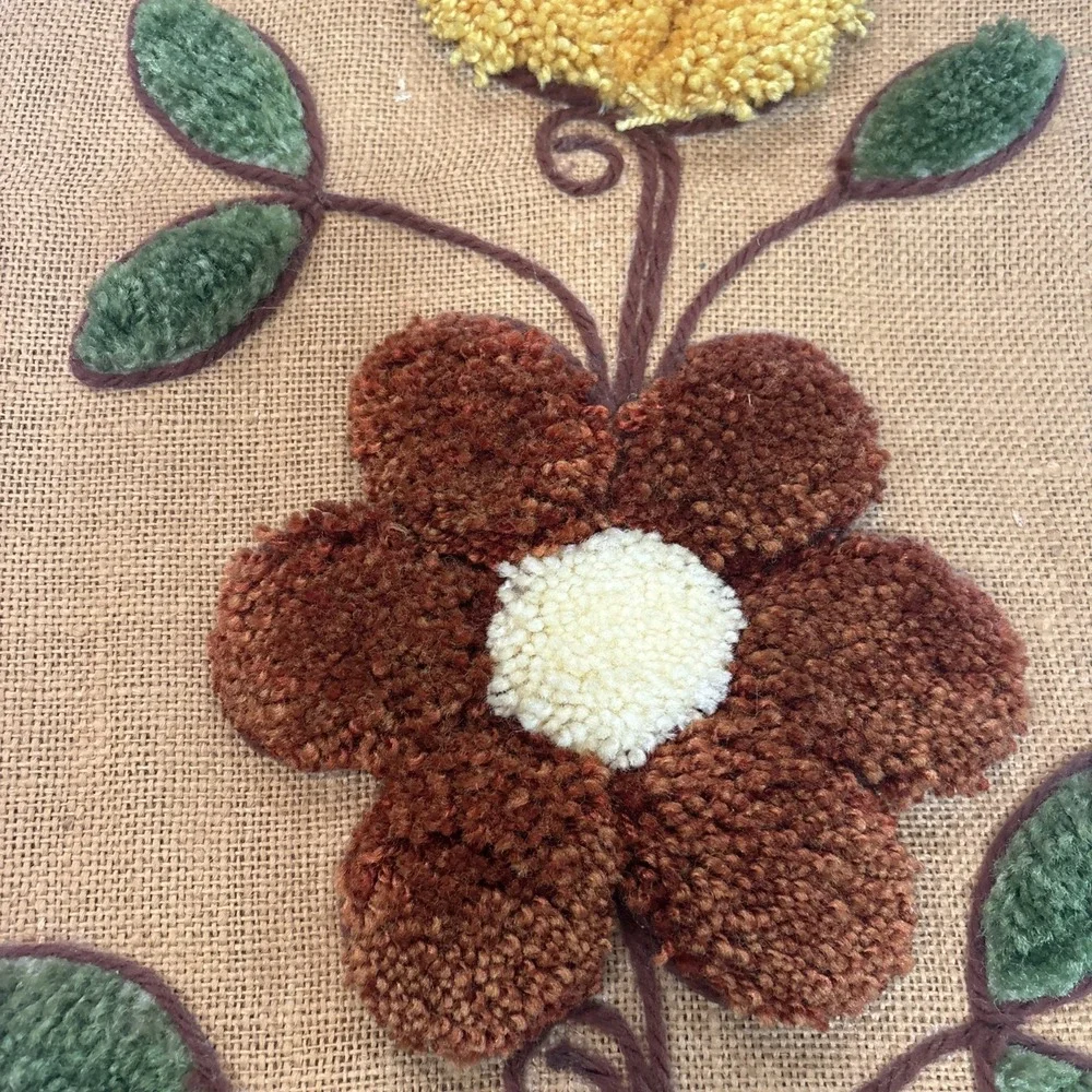 VTG 1970S Latch Hook Wall Hanging Butterfly Floral Boho Burlap Mcm Textile Art